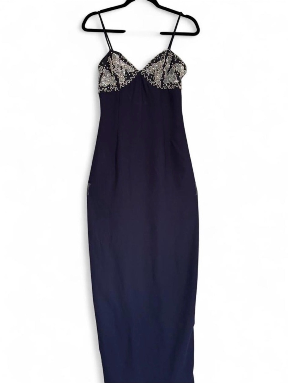 Embellished Navy Slip Dress with Beaded Bust